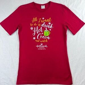 Hallmark Women's Red Short Sleeve Graphic Tee S "Drink Cocoa and Watch Hallmark"